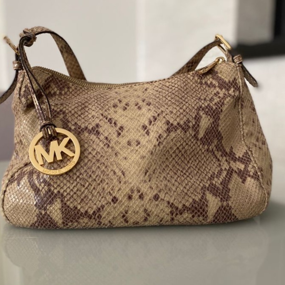 Michael Kors Beige Taupe Snake-Print Shoulder Bag with Gold MK Charm